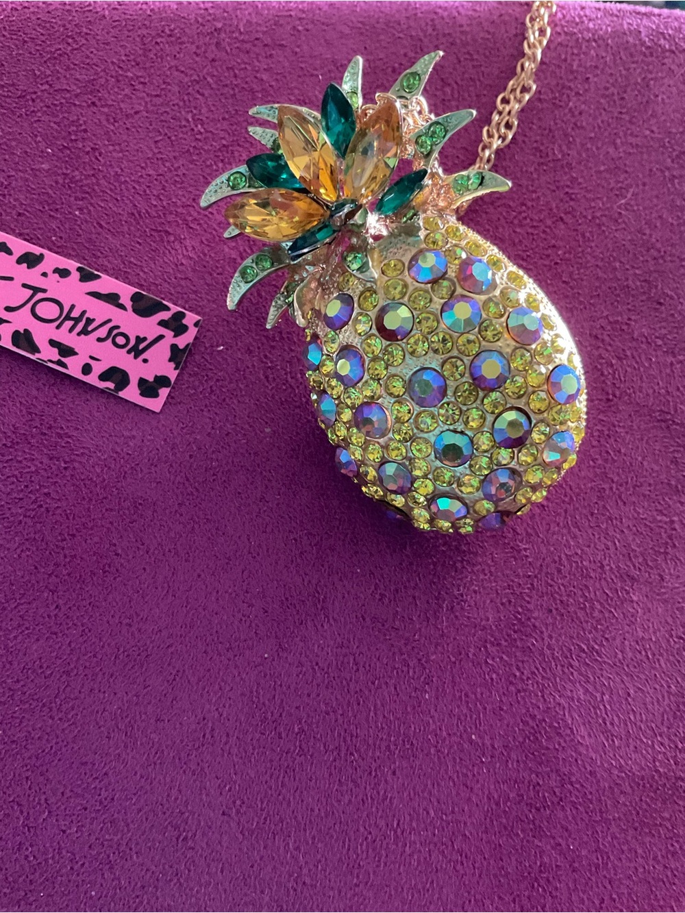 Betsey Johnson Rhinestone Pineapple Brooch Necklace Gold Tone Crystal NWT - Picture 5 of 7